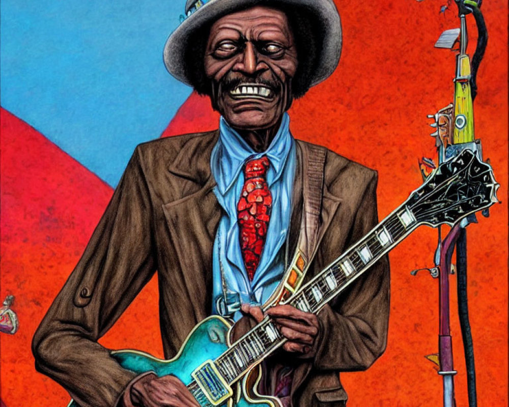 Vibrant illustration: elderly male musician playing blue electric guitar