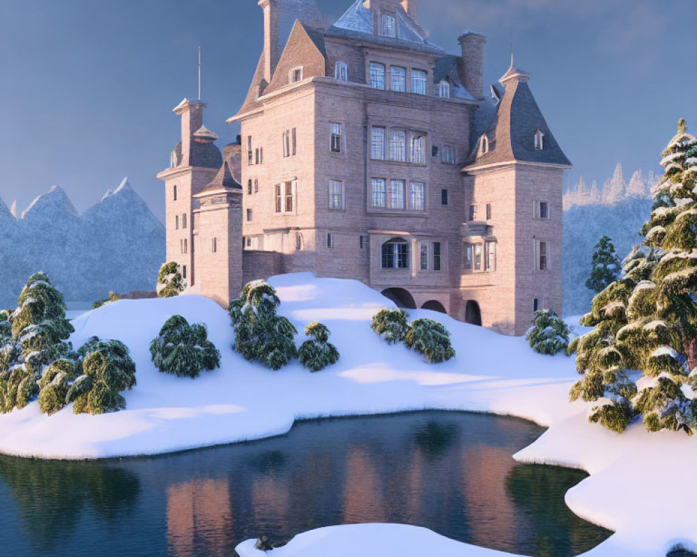 Snow-covered stone castle with frozen lake and mountains in clear blue sky