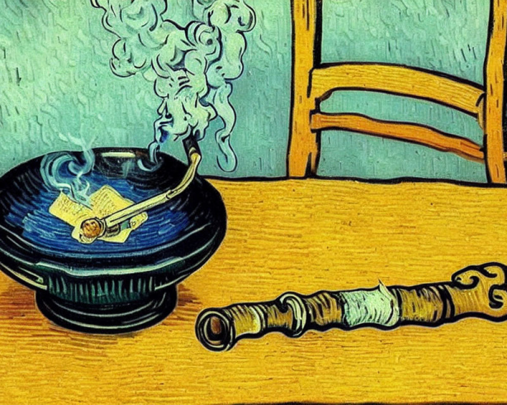 Stylized painting of smoking pipe and flute on wooden table