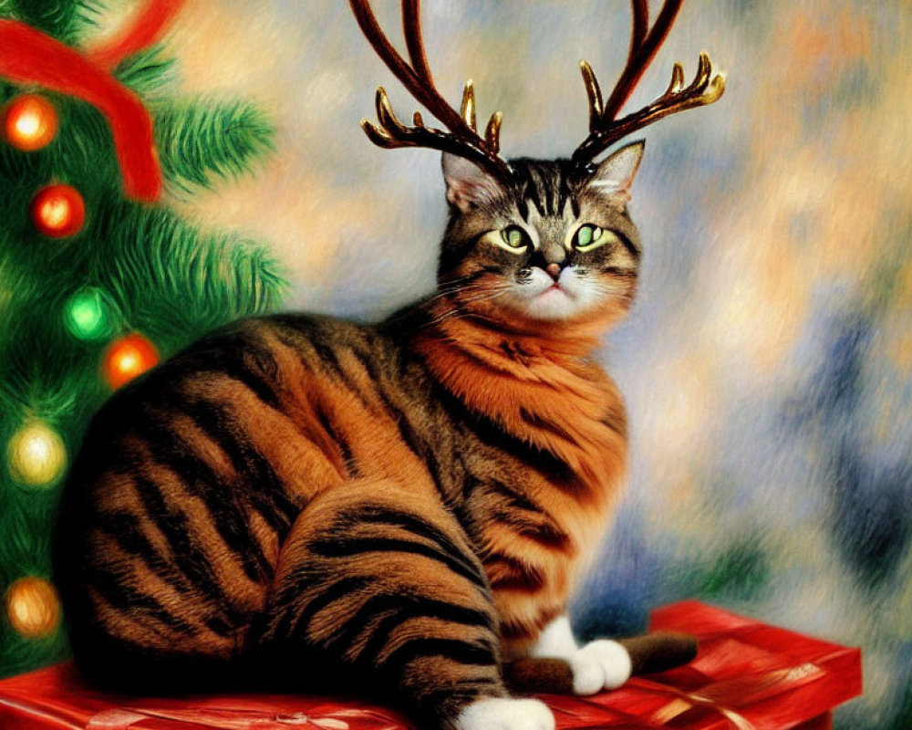 Tabby Cat with Antlers on Red Gift Box Near Christmas Tree