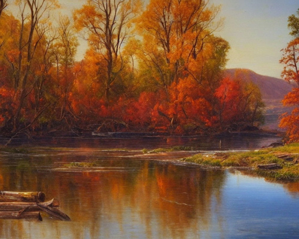 Vibrant Autumn Foliage by Calm River with Log Pile & Hills