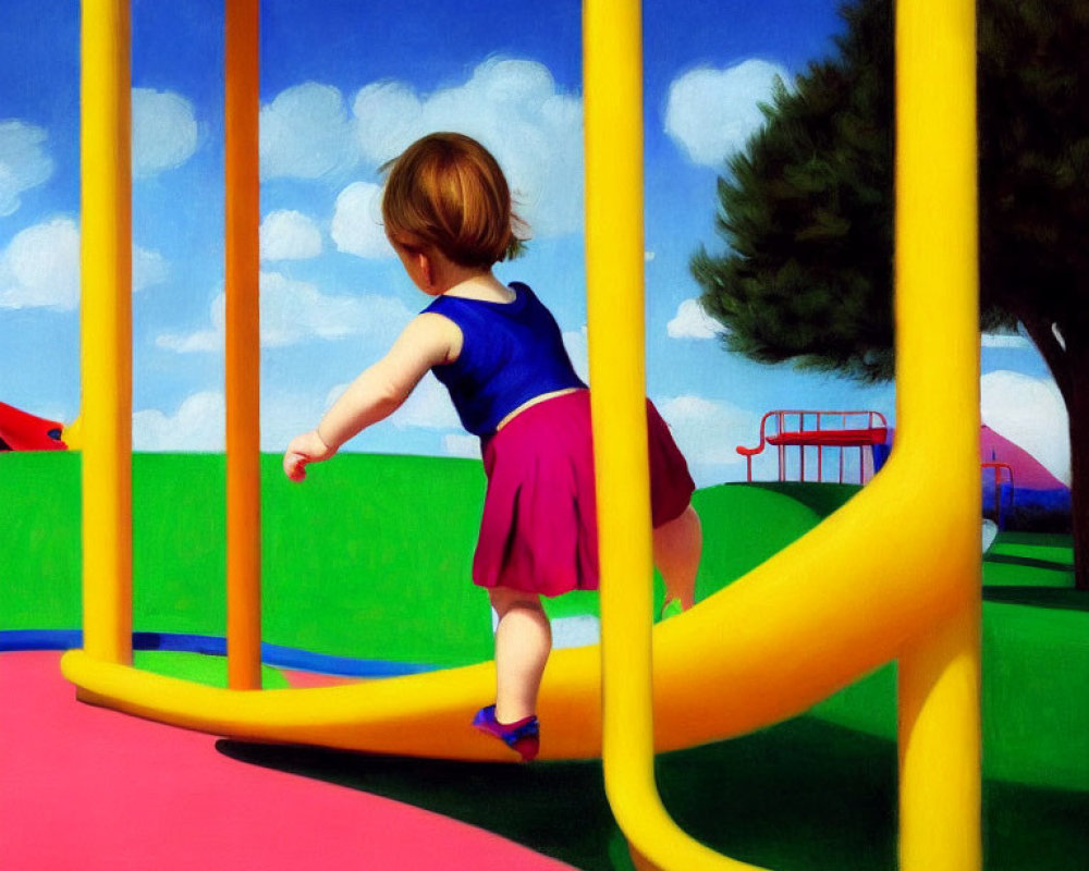 Toddler in Blue and Red Outfit on Yellow Playground Structure