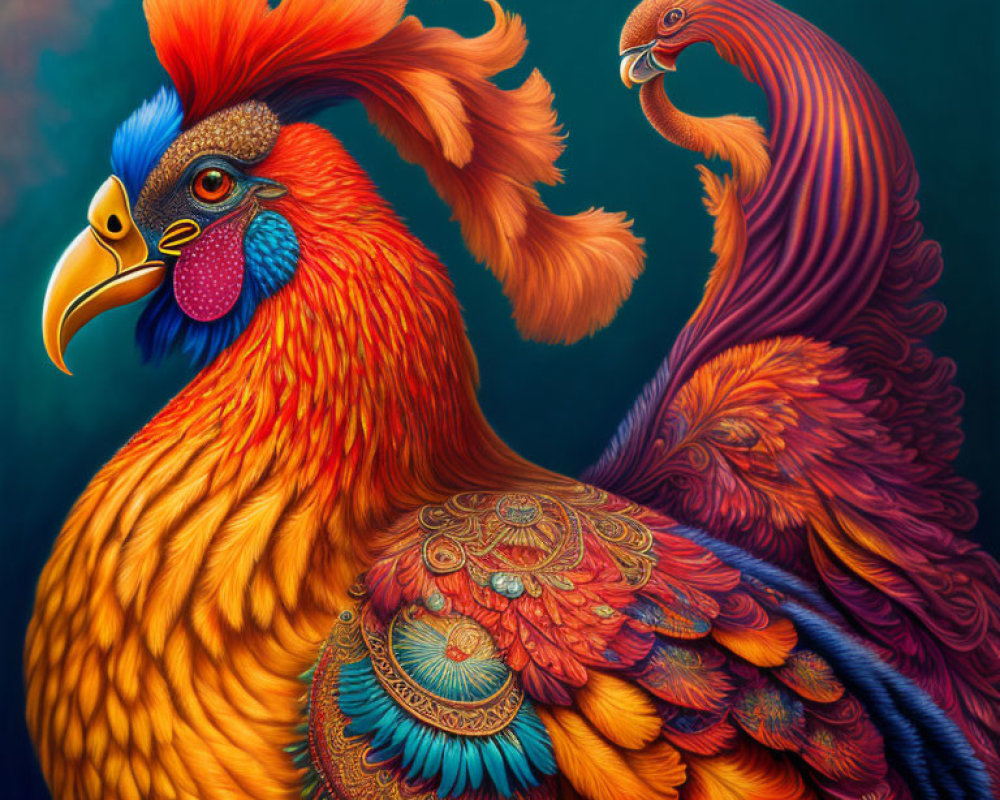 Detailed Rooster Illustration with Vibrant Feather Patterns