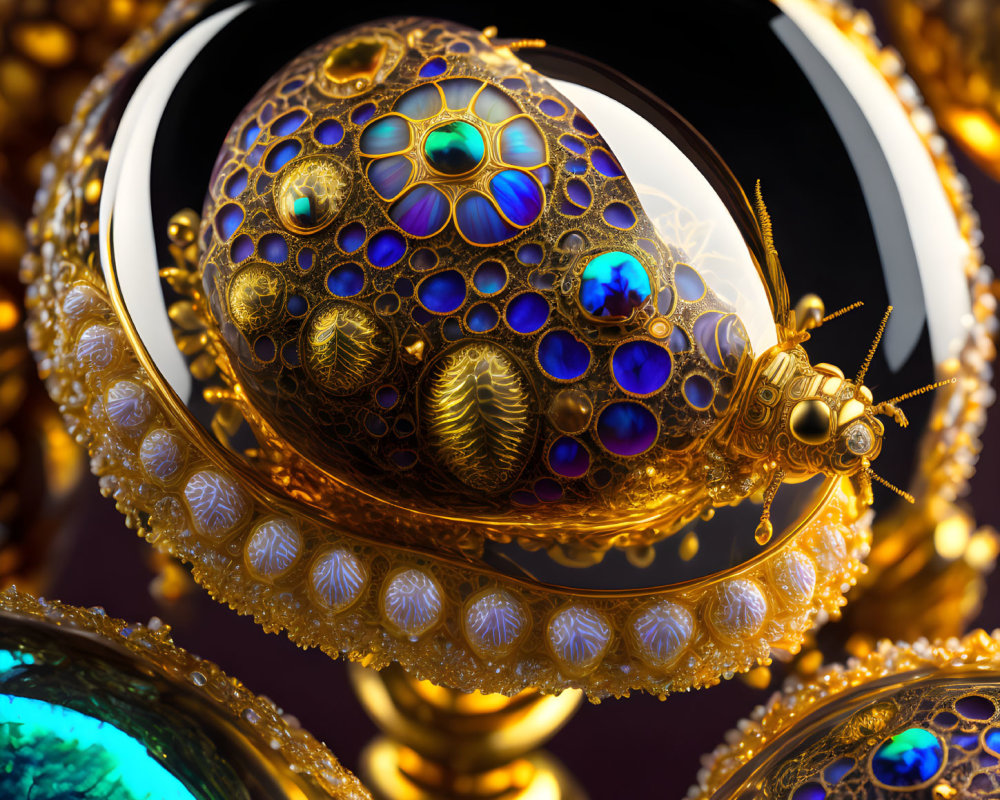 Golden spherical structures with intricate patterns and gemstones on a dark background.