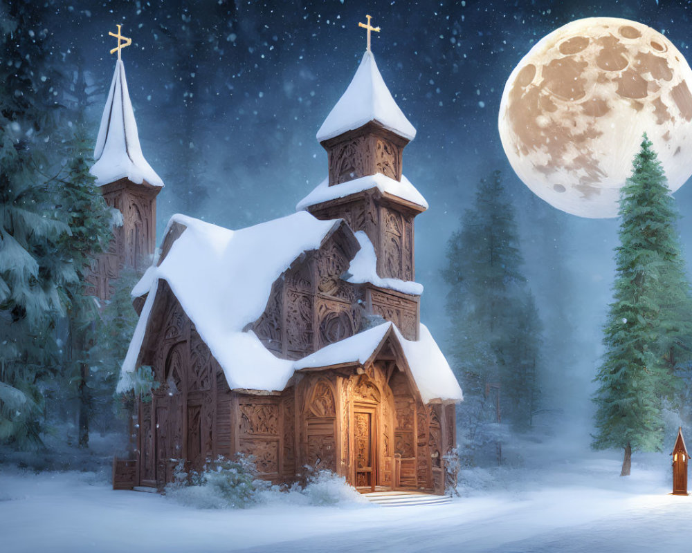 Snow-covered wooden church under starry sky with full moon