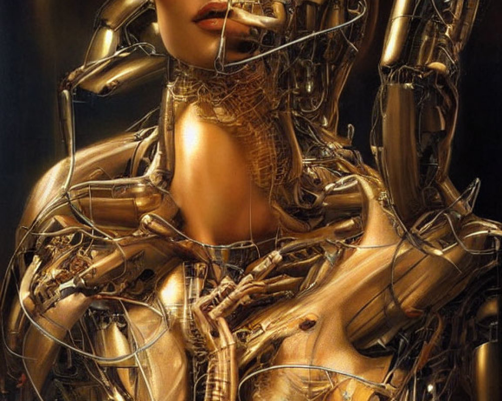 Hyperrealistic Female Android with Gold & Bronze Metallic Parts