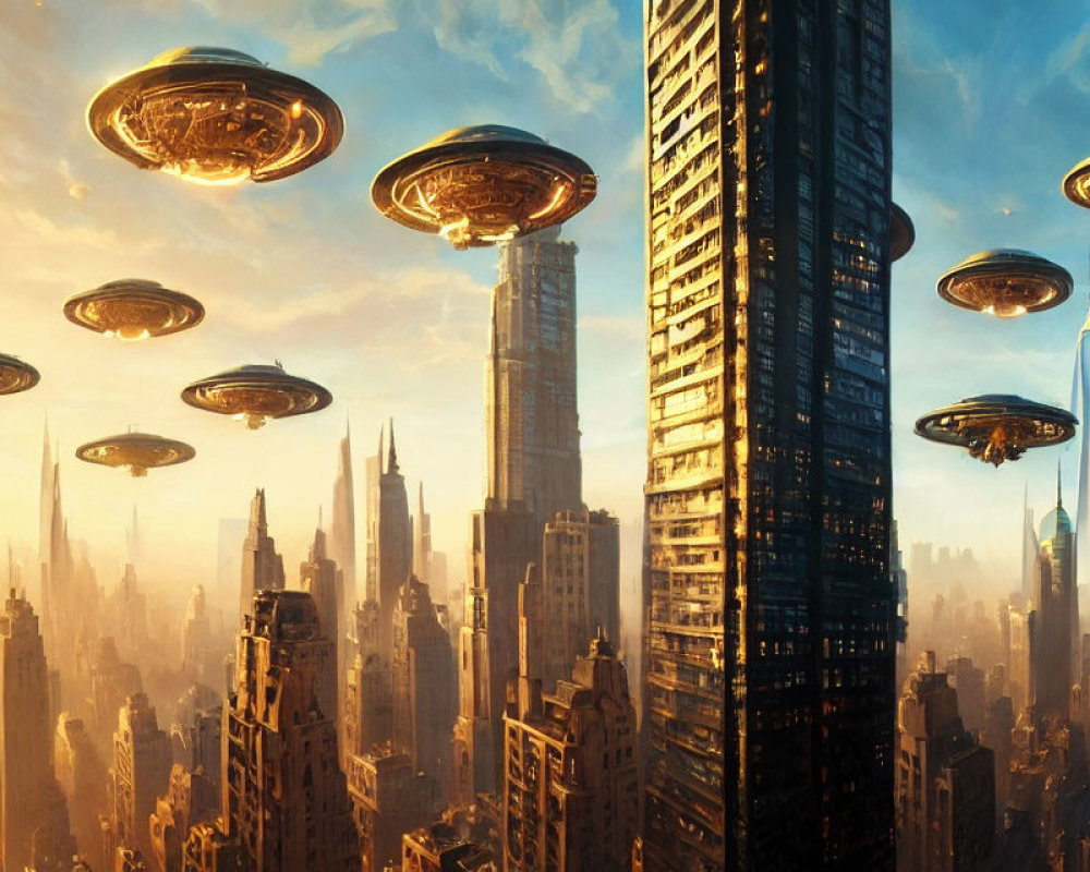 Golden-lit futuristic cityscape with flying saucers and skyscrapers