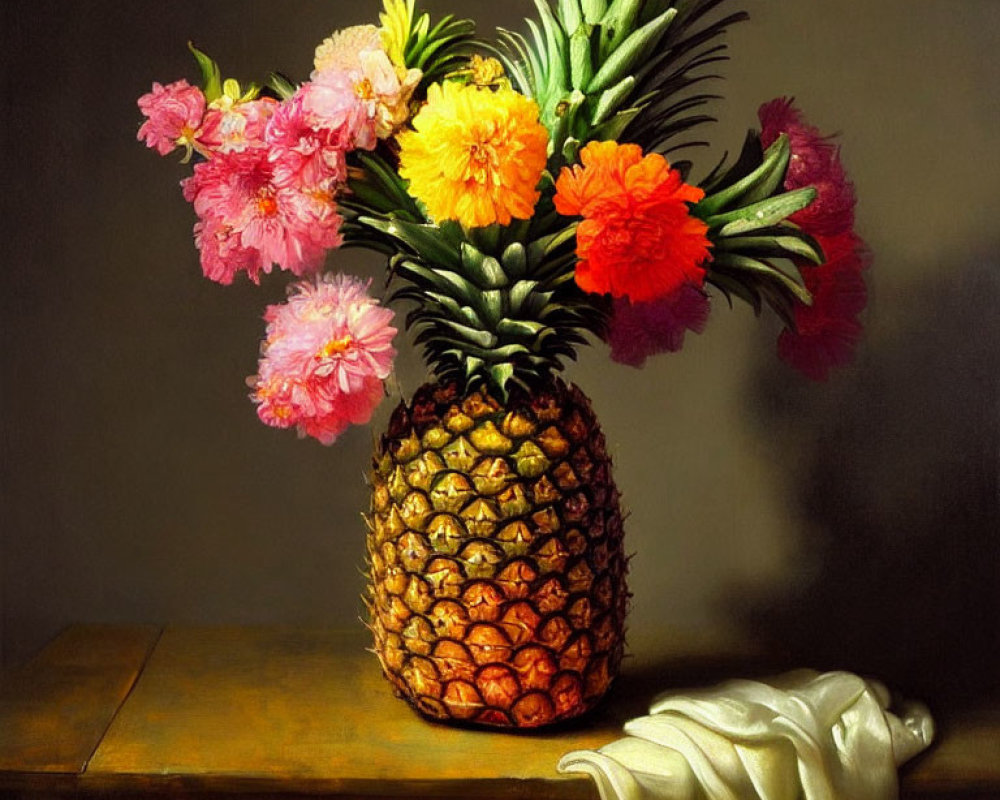 Colorful Still-Life Painting of Pineapple and Flowers on Wooden Table