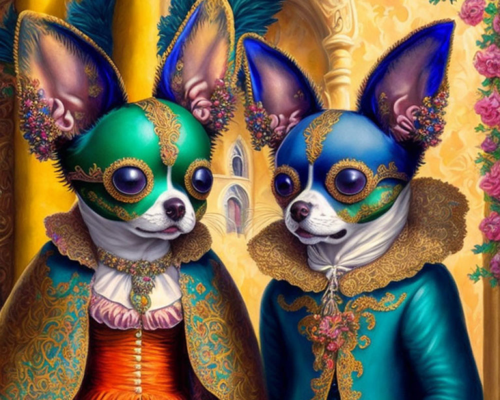 Anthropomorphic chihuahuas in Venetian carnival attire