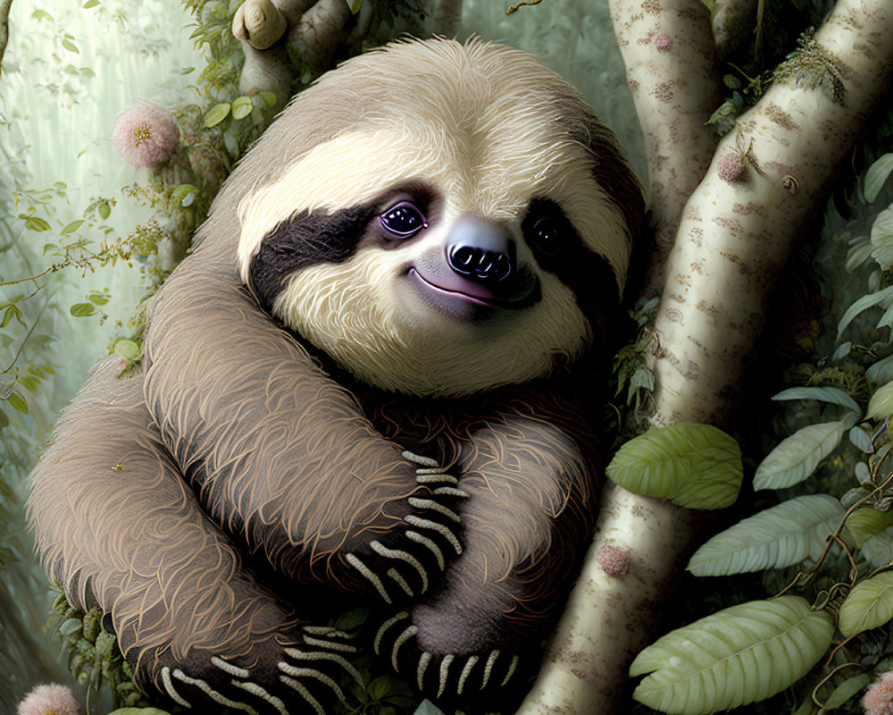 Tranquil smiling sloth in lush forest habitat