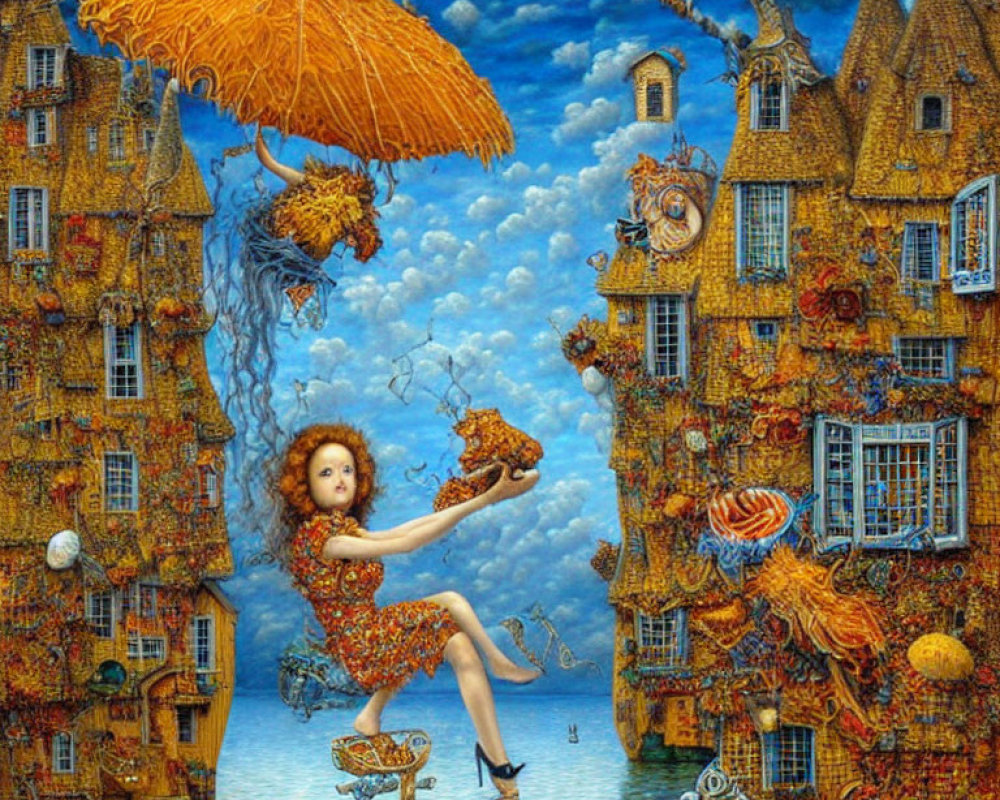 Surreal painting of woman with orange umbrella amid whimsical houses