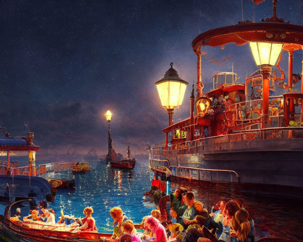 Vintage steamboat boarding scene at dock under warm dusk lights