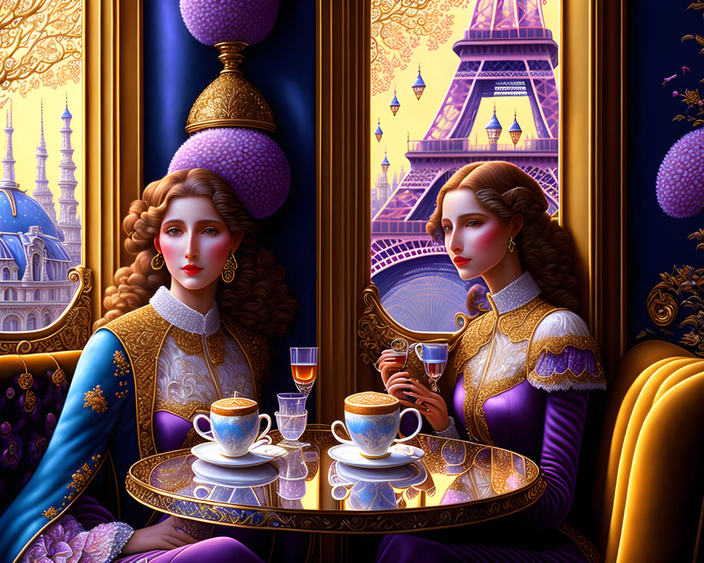 Two women in royal attire having tea with Eiffel Tower view.