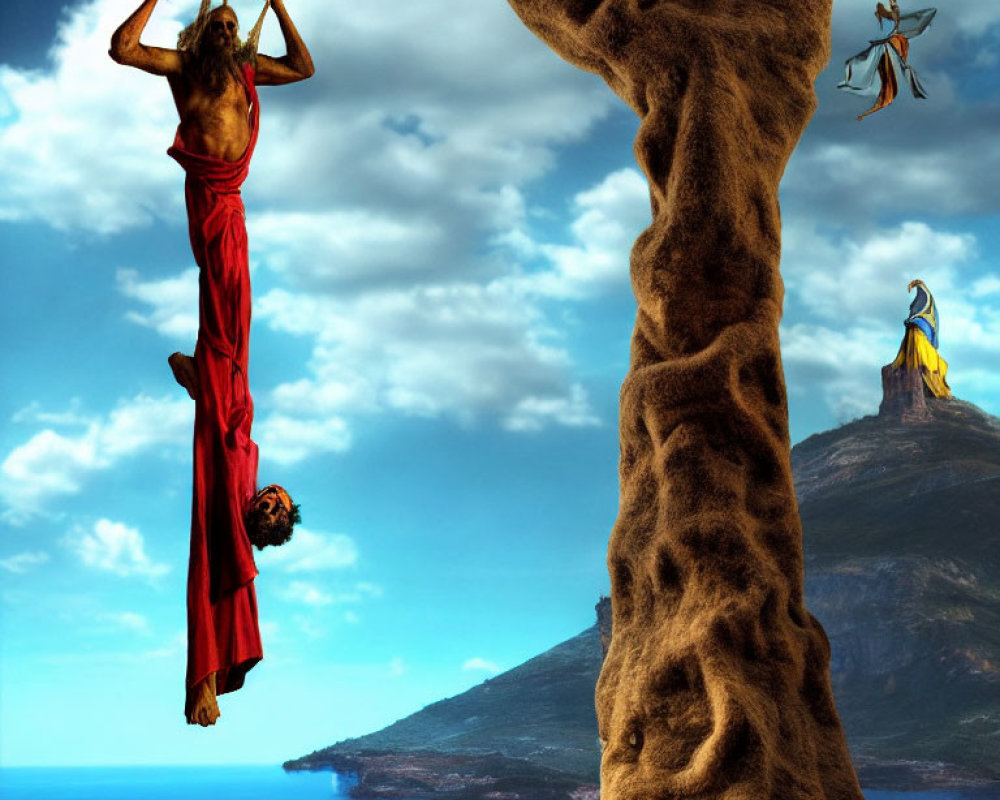 Surreal image: person hangs from giraffe over sea & sky