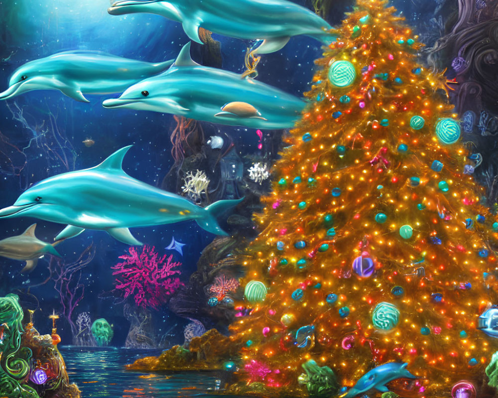 Dolphins Swimming Around Lit Christmas Tree Underwater