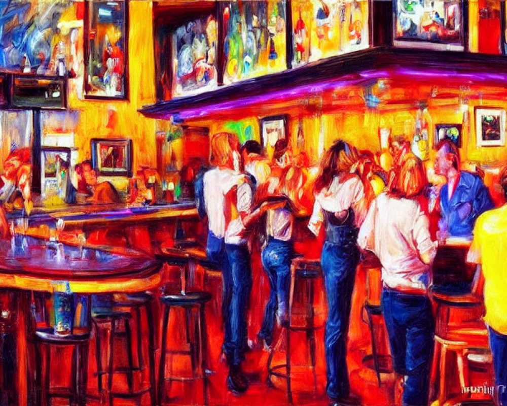 Colorful painting captures lively bar scene with socializing and dancing.