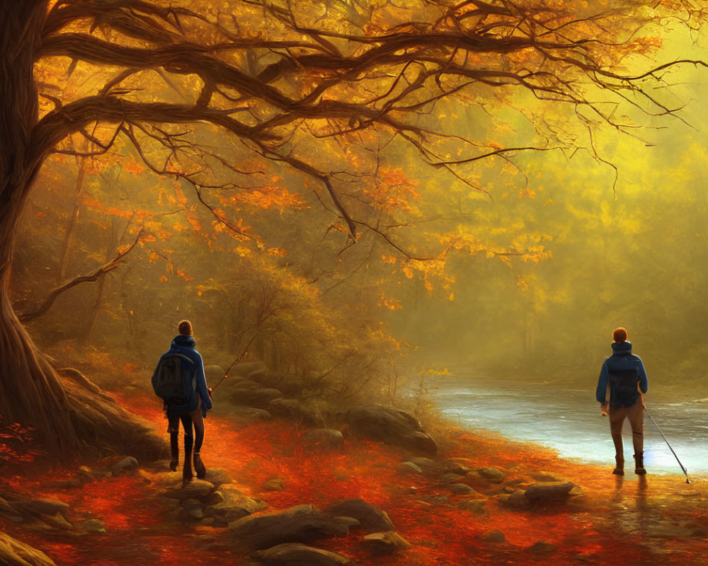 Autumnal forest scene: Two hikers by river in sunlight