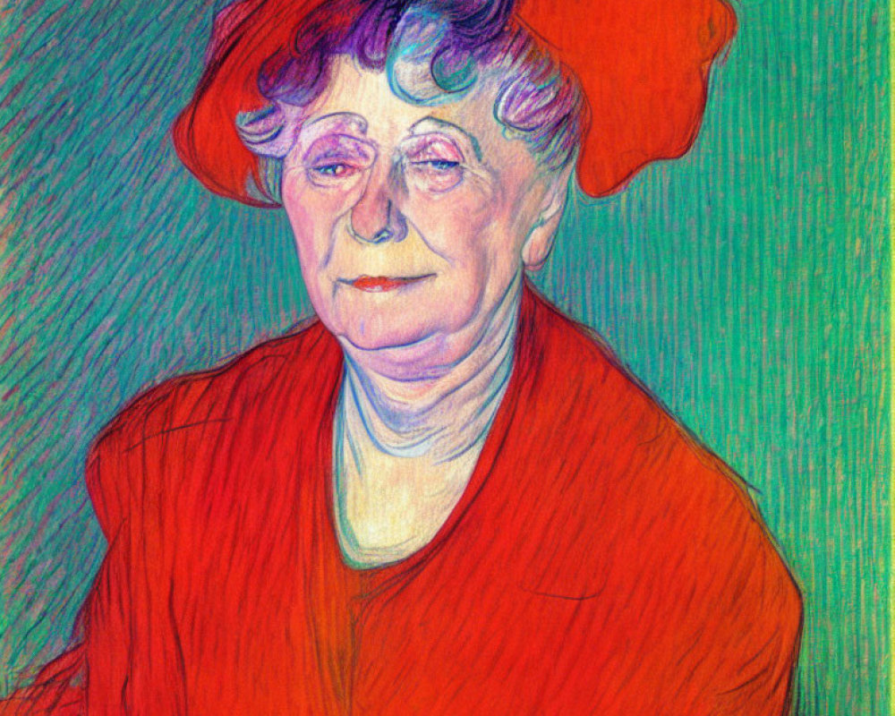 Vivid impressionist portrait of a woman in red outfit and orange hat