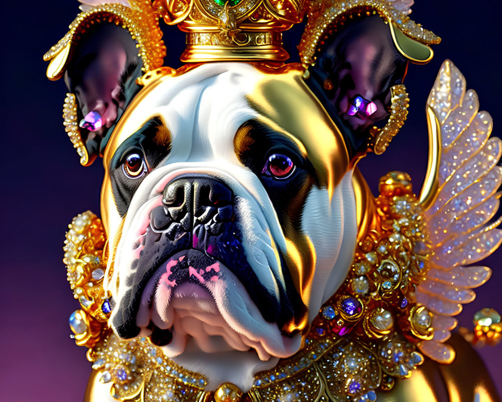 Regal bulldog with golden crown, jewels, and angel wings on gradient background