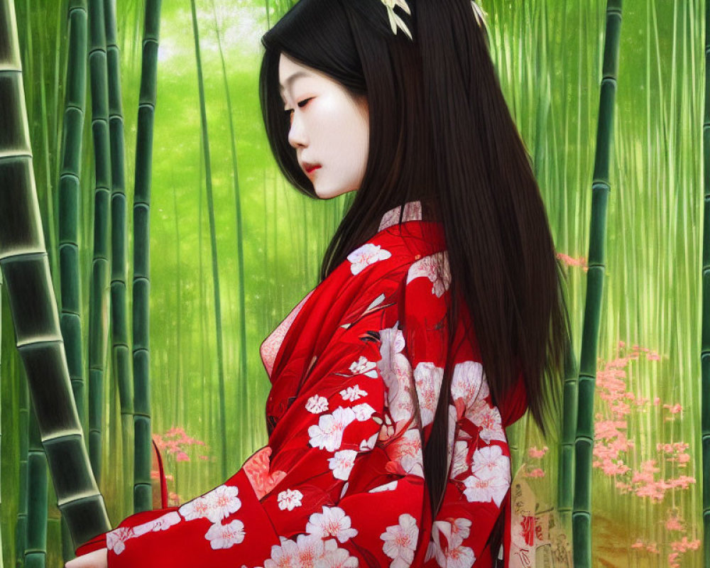 Woman in Red Kimono Amongst Bamboo Forest with Flower Patterns