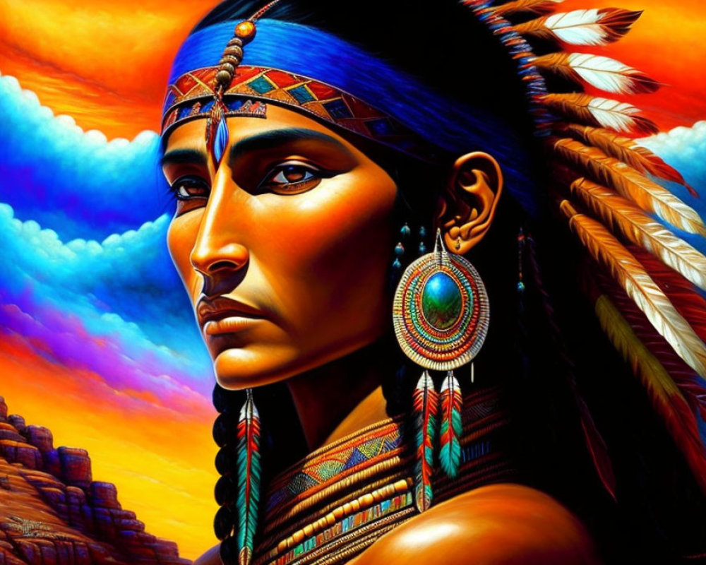 Colorful Native American Man Illustration with Traditional Headdress