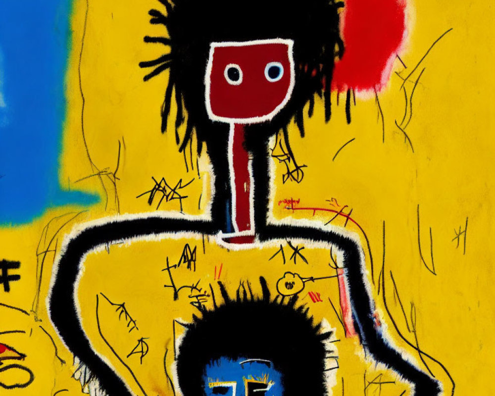 Stylized graffiti artwork: red-eyed figure with wild hair on yellow background