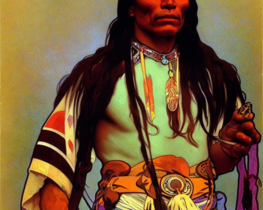 Native American man painting in traditional attire