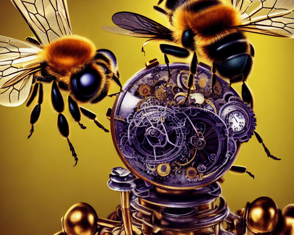Realistic bees with mechanical details around intricate gear sphere on golden background