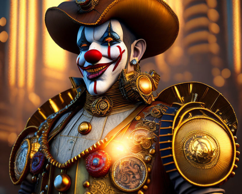 Detailed CG image of steampunk clown with wide grin, top hat, golden gears, and jewelry
