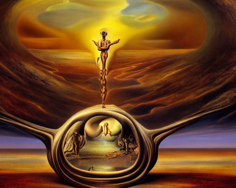 Surreal painting of figure above eye-shaped landscape