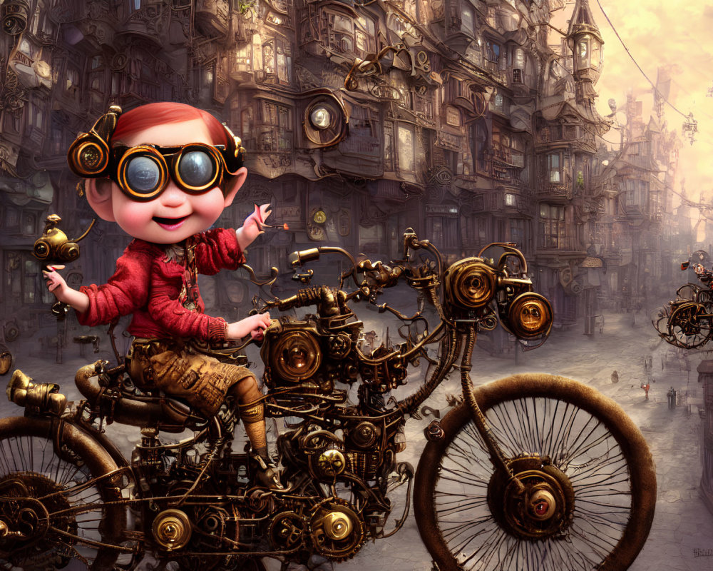 Infant on Steampunk Bicycle in Whimsical Cityscape