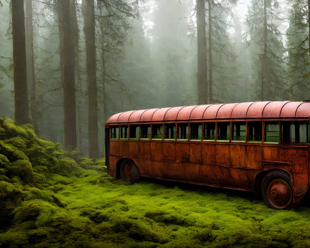 Rusted bus in moss-covered forest under foggy sky