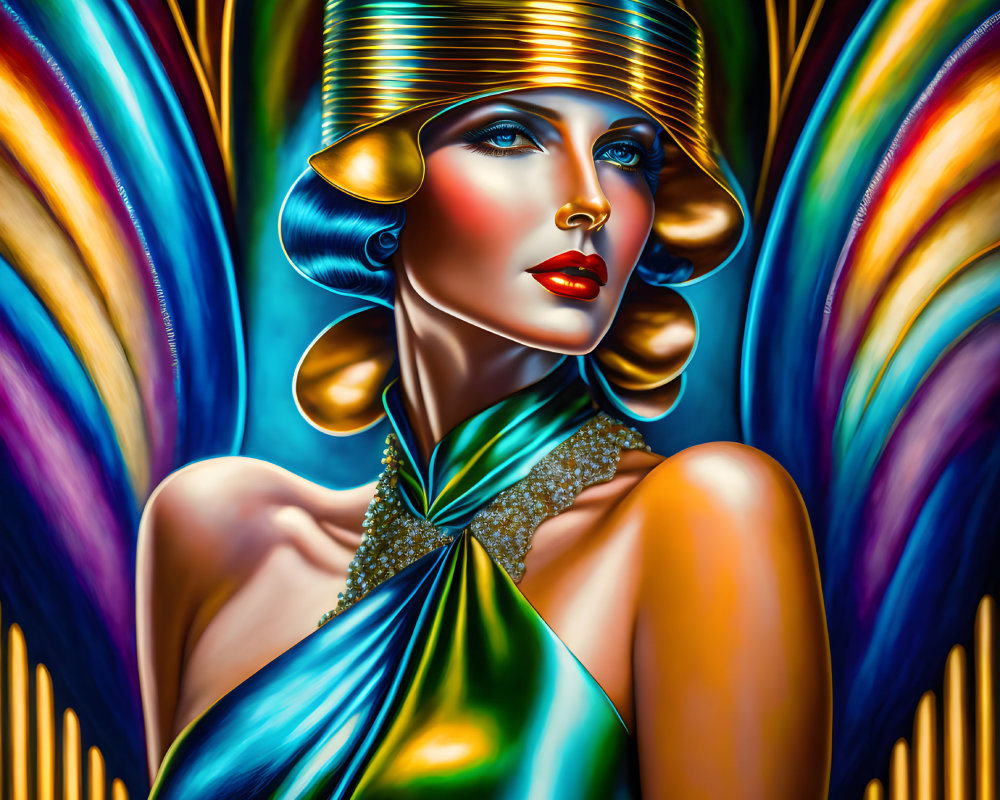 Colorful digital artwork: Woman in 1920s fashion with metallic hat and shiny gown