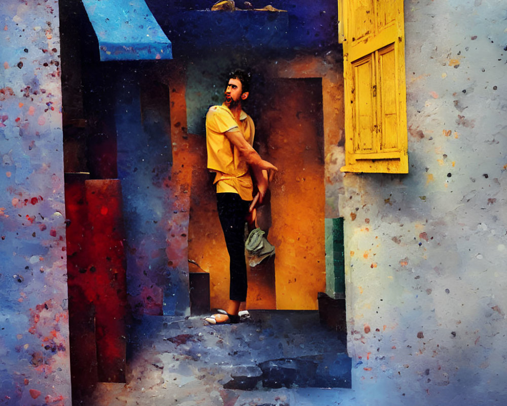 Man in Yellow Shirt Standing in Colorful Doorway