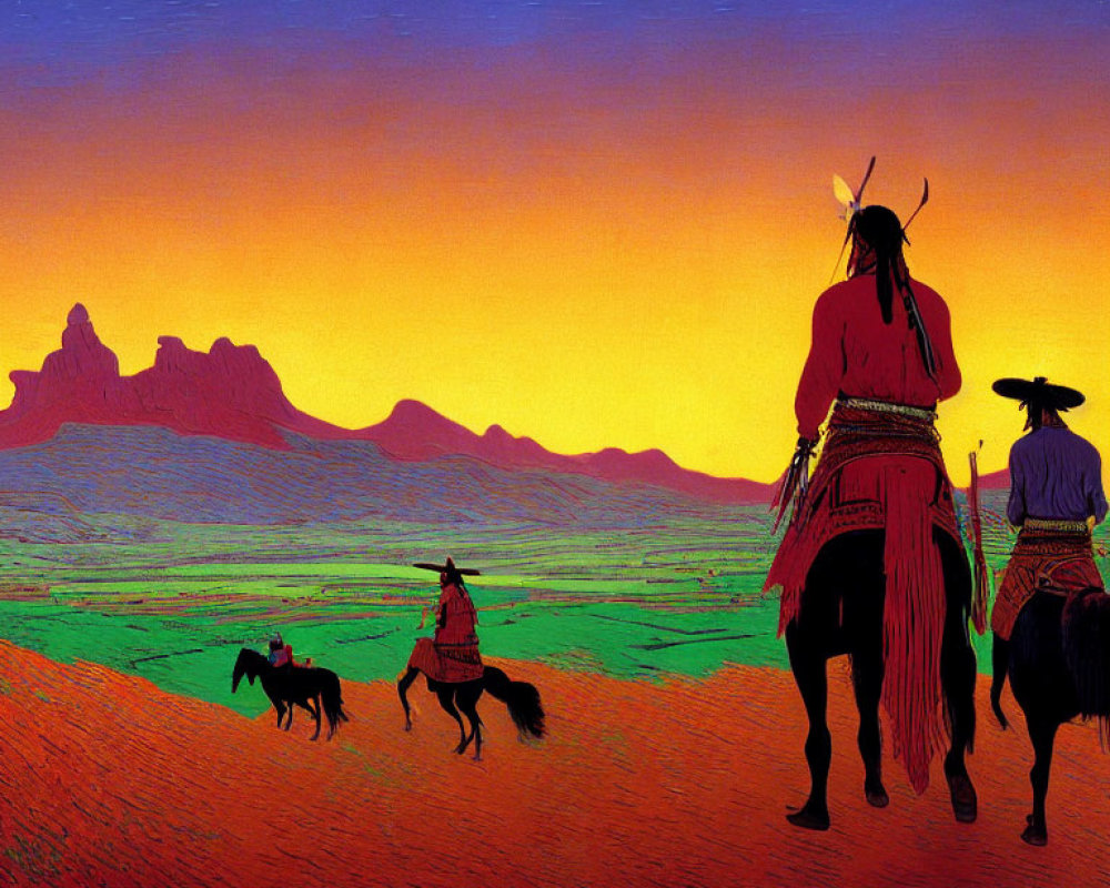 Stylized horseback figures against colorful sky and unique mountains