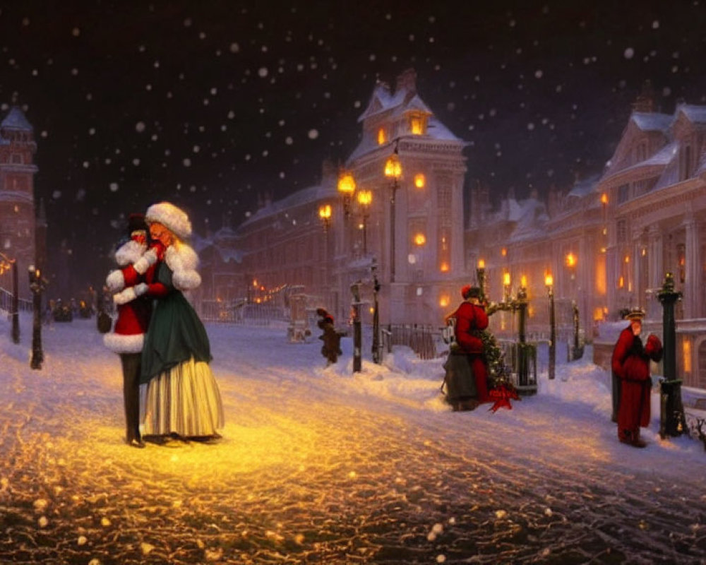 Victorian-era Christmas scene with period costumes, snowy street, lantern-lit couple, and carol