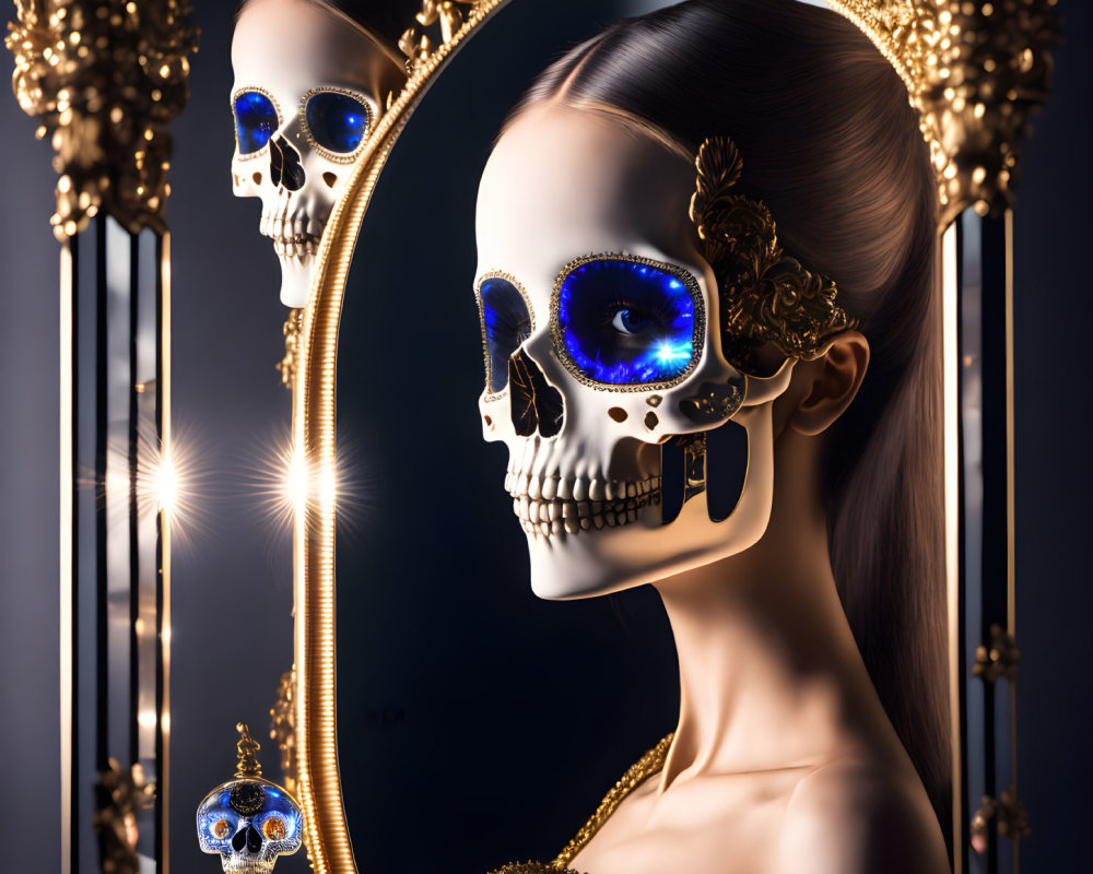 Surreal woman with skull face in baroque mirror holding ornate object