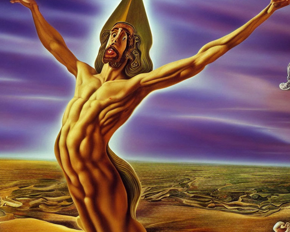 Muscular figure in bishop's mitre against surreal landscape