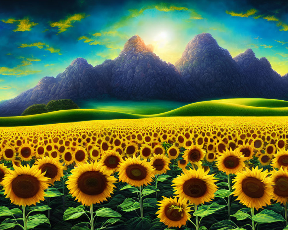 Scenic landscape with sunflower field and majestic mountains