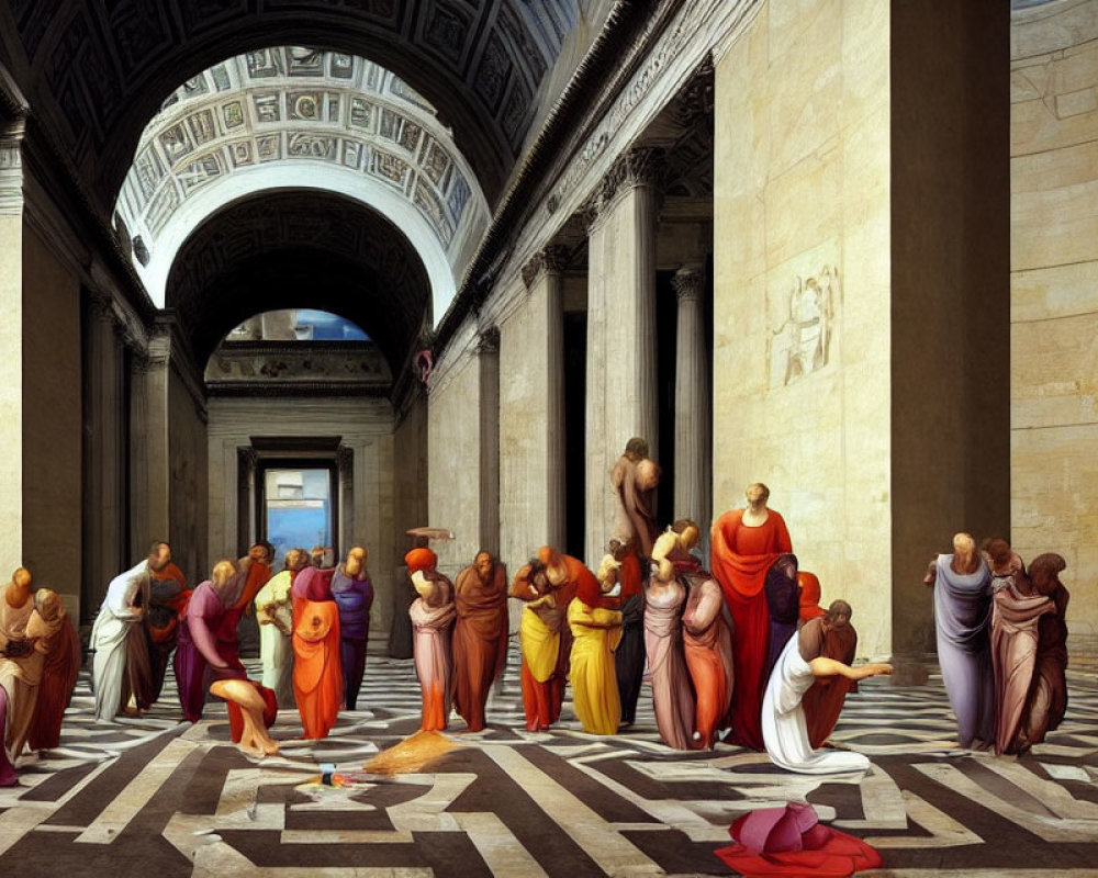 Ancient architectural hall with people in vibrant togas contemplating geometric shapes