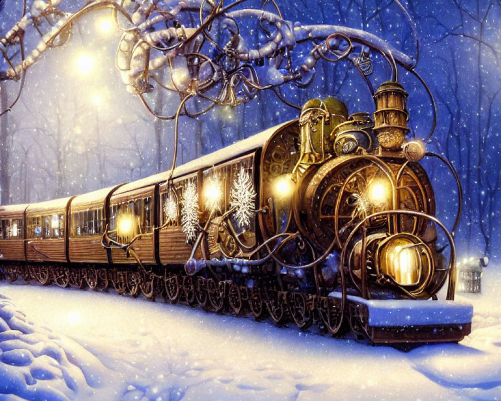 Vintage holiday train in snowy night scene