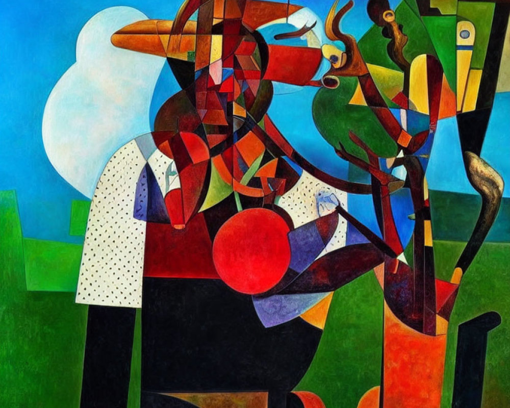 Vibrant Cubist artwork featuring abstract human forms in bold geometric shapes