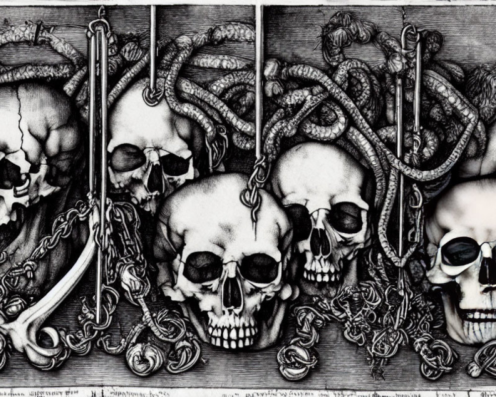 Detailed black and white illustration: Row of five human skulls with serpentine ropes, central skull wearing