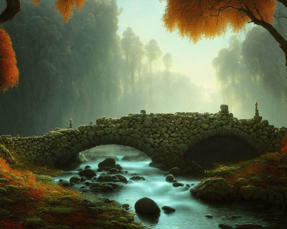 Stone bridge over stream in mystical autumn forest with person and rising mist