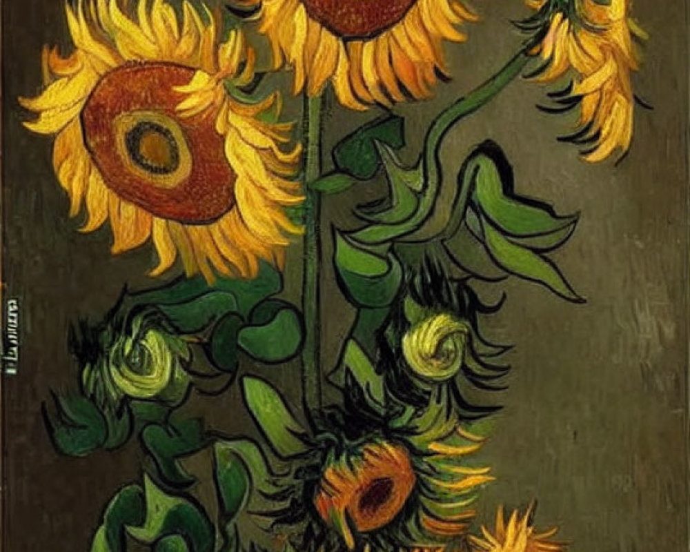 Bright Yellow Sunflowers Bouquet in Green Vase Post-Impressionist Painting