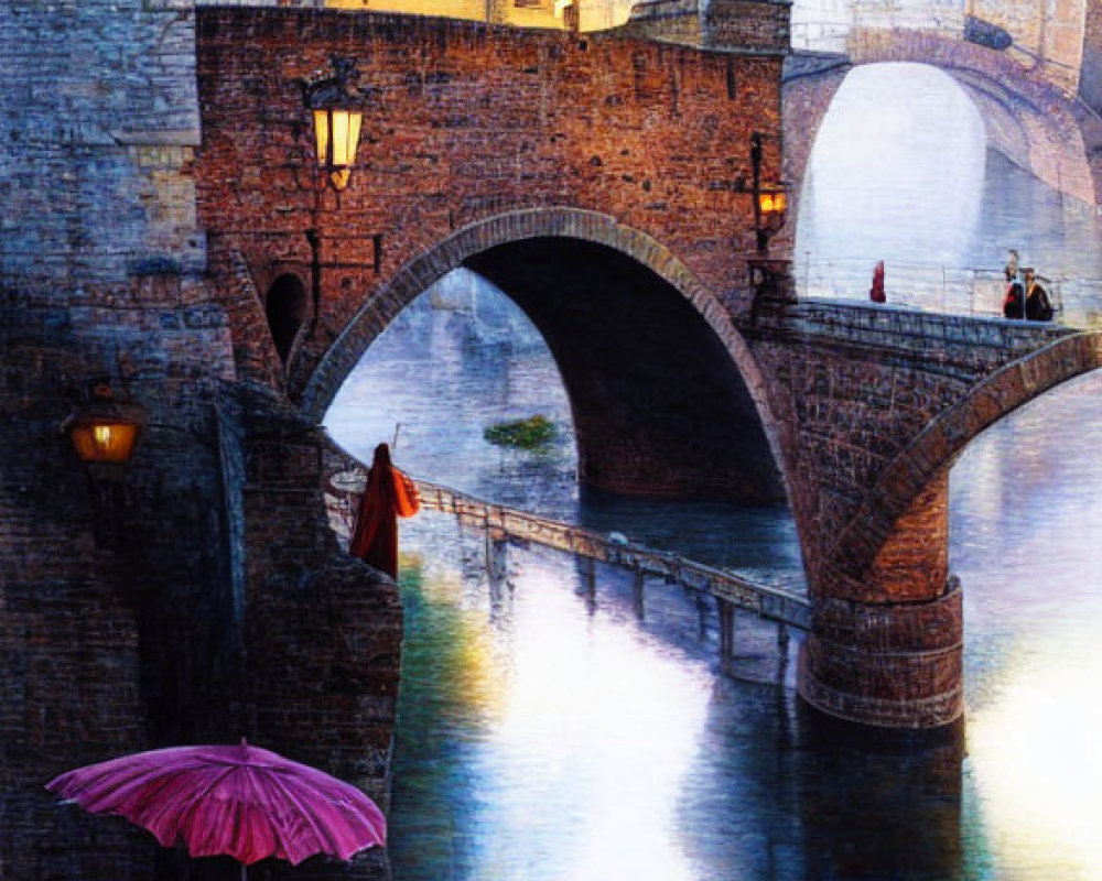 Person with umbrella walks by old stone bridge at dusk