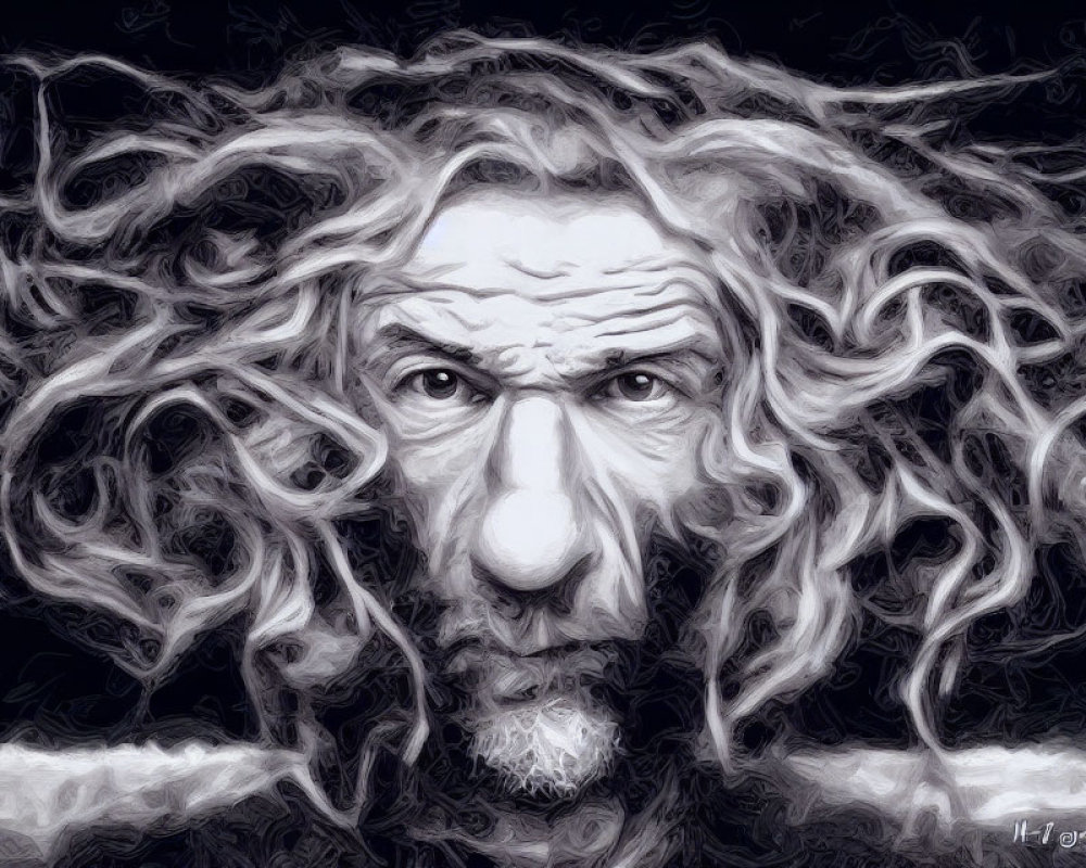 Monochromatic artistic portrayal of contemplative figure with wild, curly hair and intense gaze