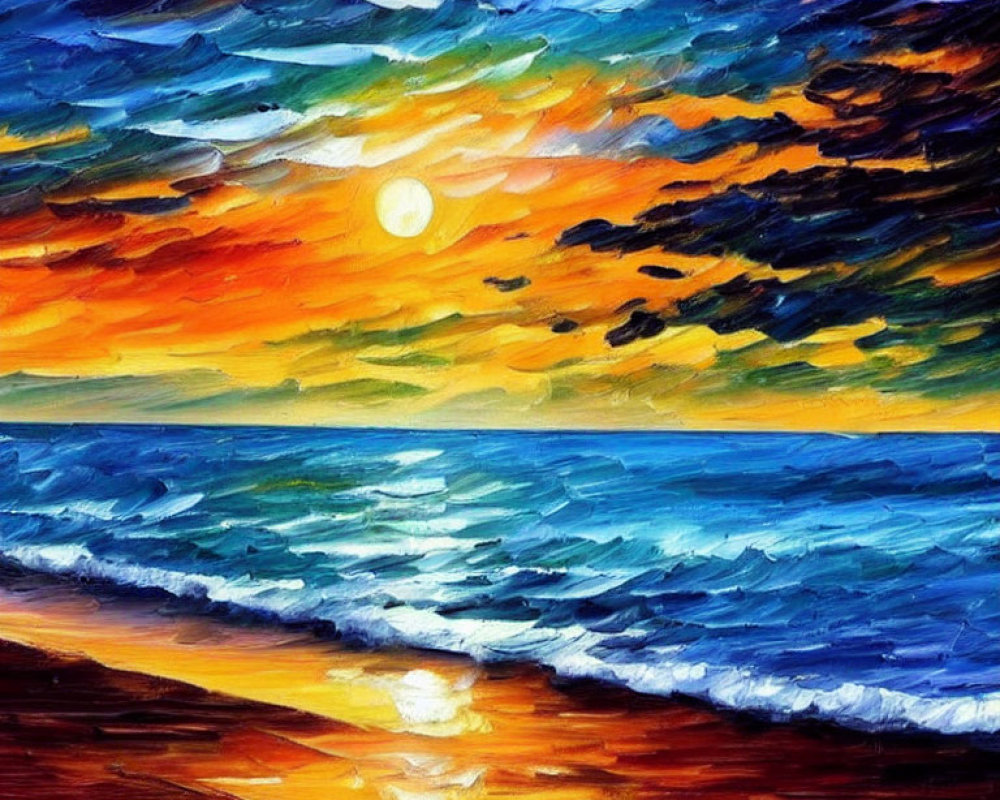 Colorful impressionistic sunset painting over ocean with orange, yellow, blue, and white streaks.
