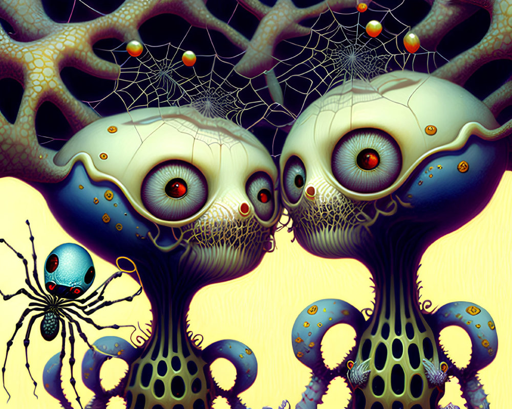 Surreal digital artwork of interconnected creatures with spider-like entity