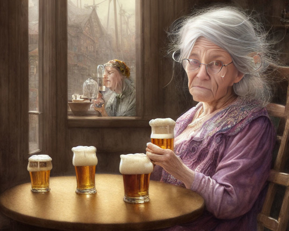 Elderly woman with glasses and purple shawl in cozy tavern with beer mugs